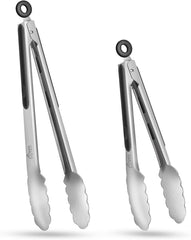 HOTEC Stainless Steel Kitchen Tongs Set of 2, Locking Metal Food Tongs Non-Slip Grip