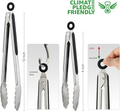 HOTEC Stainless Steel Kitchen Tongs Set of 2, Locking Metal Food Tongs Non-Slip Grip