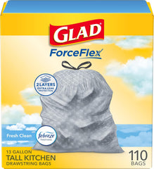 Glad Tall Kitchen Drawstring Trash Bags - Odor shield 13 Gallon White Trash Bag, 110 Count