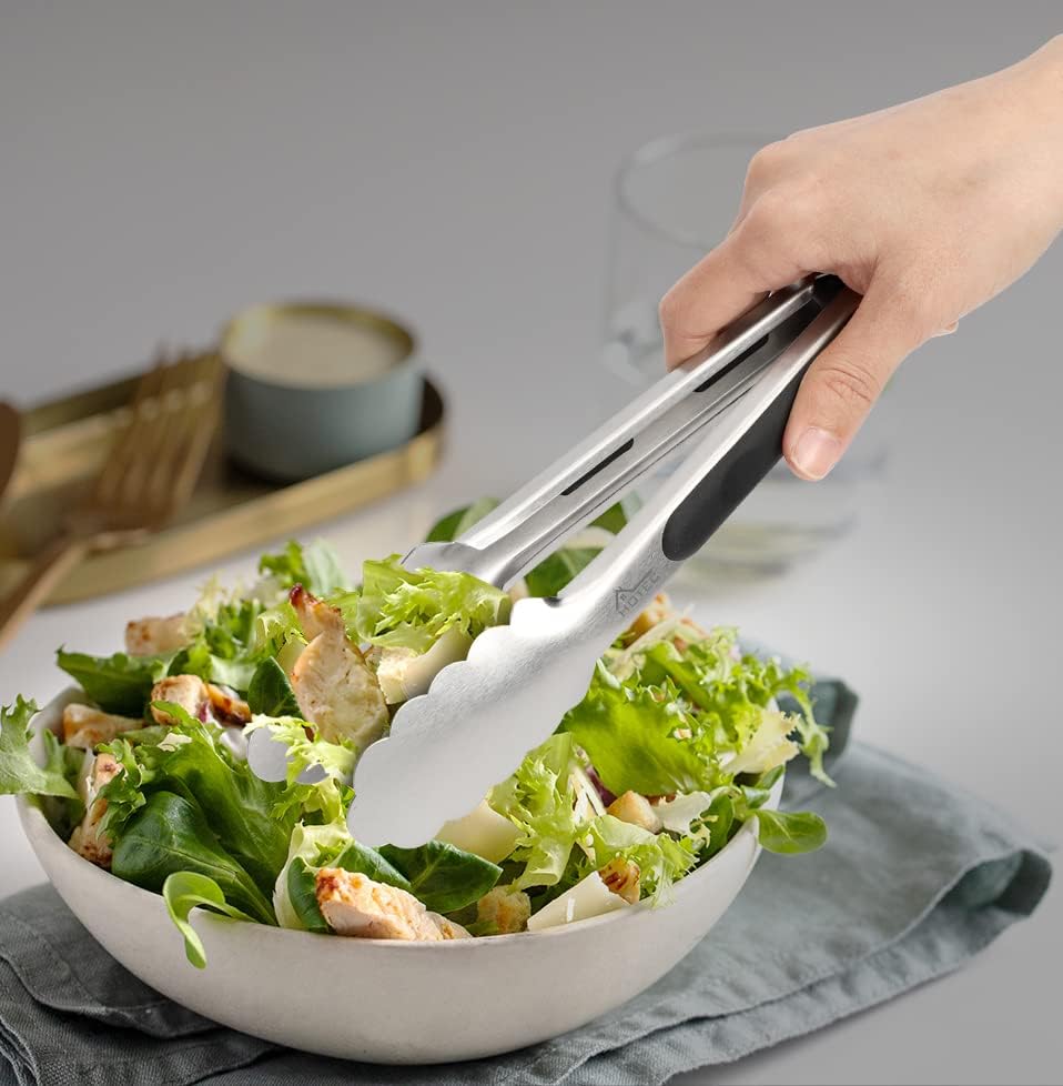HOTEC Stainless Steel Kitchen Tongs Set of 2, Locking Metal Food Tongs Non-Slip Grip