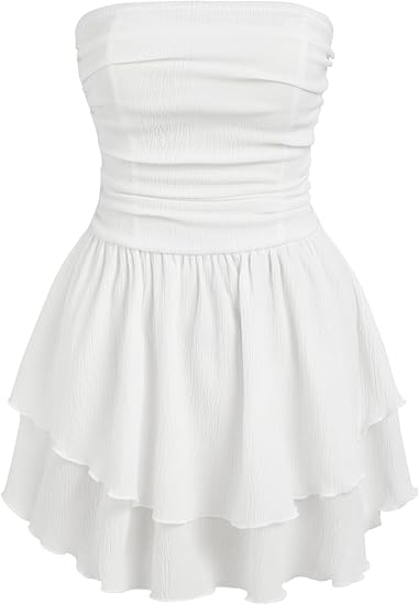 CIDER Women's Summer Cocktail Dress - Tube Rushed Ruffle Mini Dress