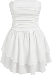 CIDER Women's Summer Cocktail Dress - Tube Rushed Ruffle Mini Dress
