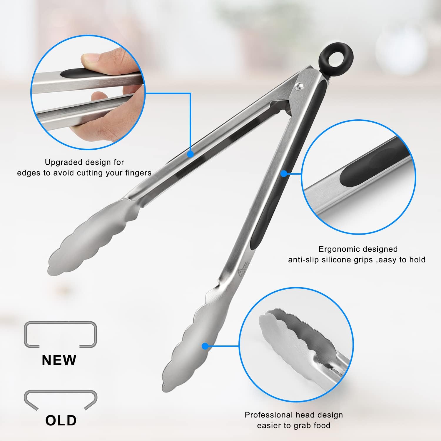HOTEC Stainless Steel Kitchen Tongs Set of 2, Locking Metal Food Tongs Non-Slip Grip
