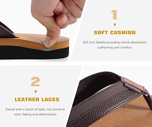 KuaiLu Men's Yoga Mat Leather Flip Flops with Arch Support Comfortable Walking Sandals Slip On Indoor Outdoor