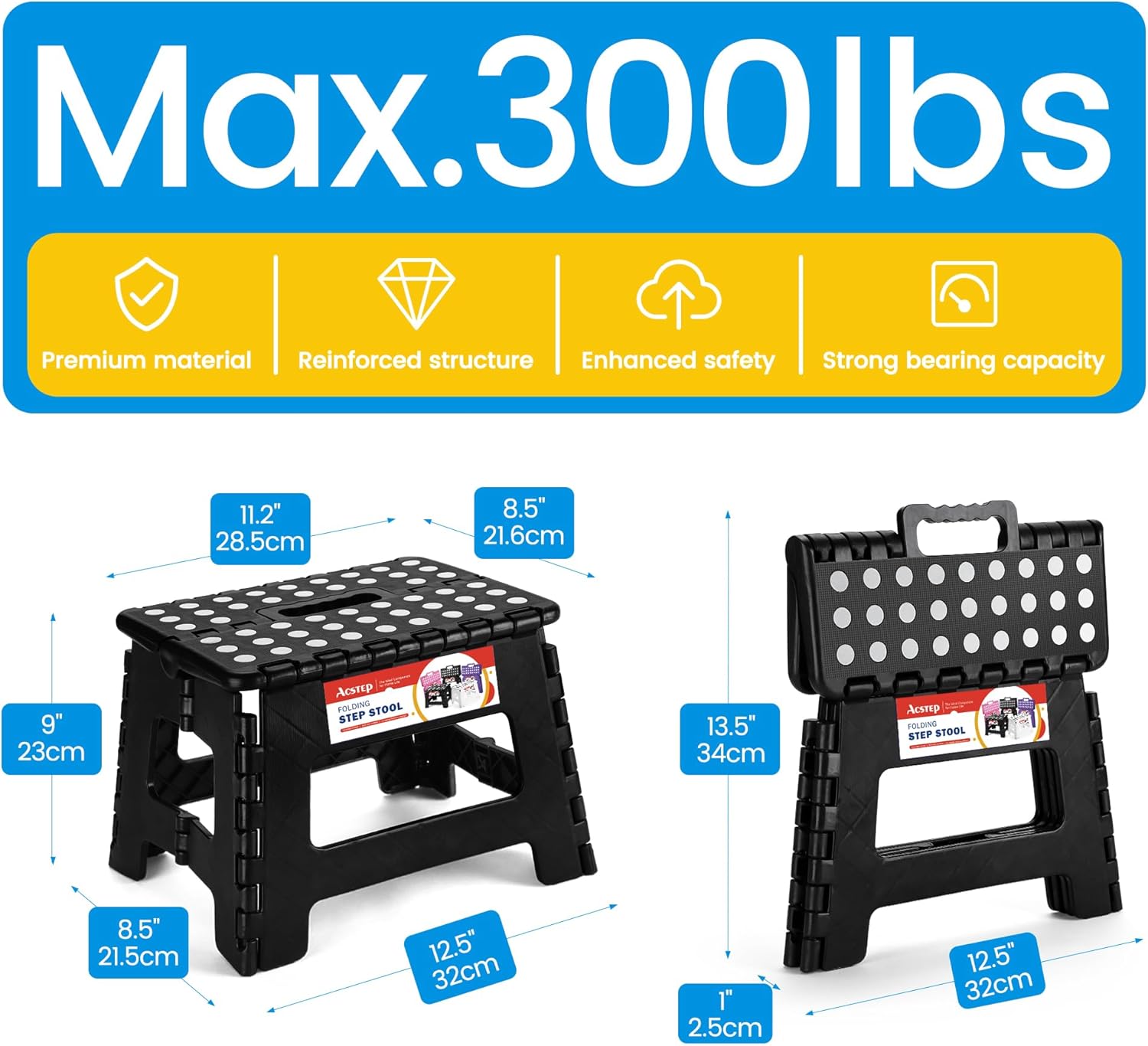 ACSTEP Folding Step Stool Holds Up to 300 lb Plastic Foldable Step Stools for Kids Non-Slip Surface with Carry Handle Stool