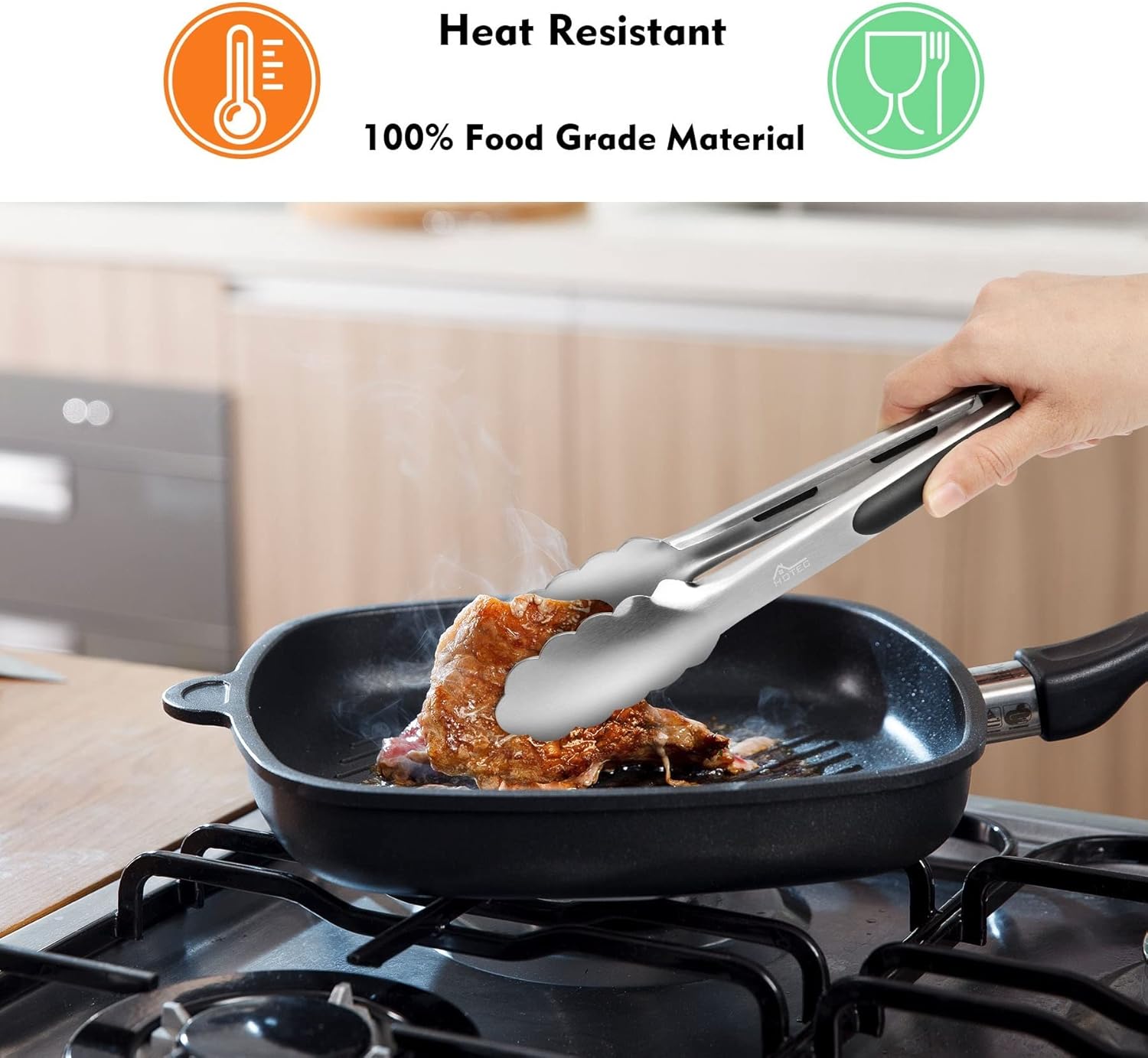 HOTEC Stainless Steel Kitchen Tongs Set of 2, Locking Metal Food Tongs Non-Slip Grip