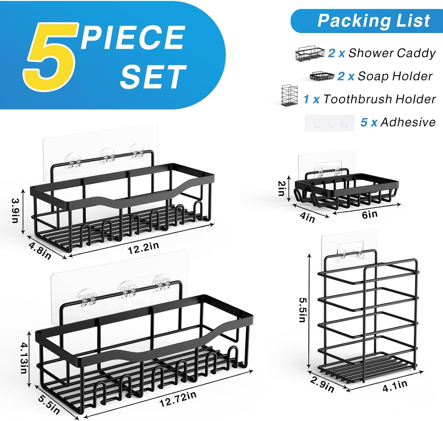 Adhesive Shower Caddy, 5 Pack Rustproof Stainless Steel Bath Organizers With Large Capacity, for Bathroom