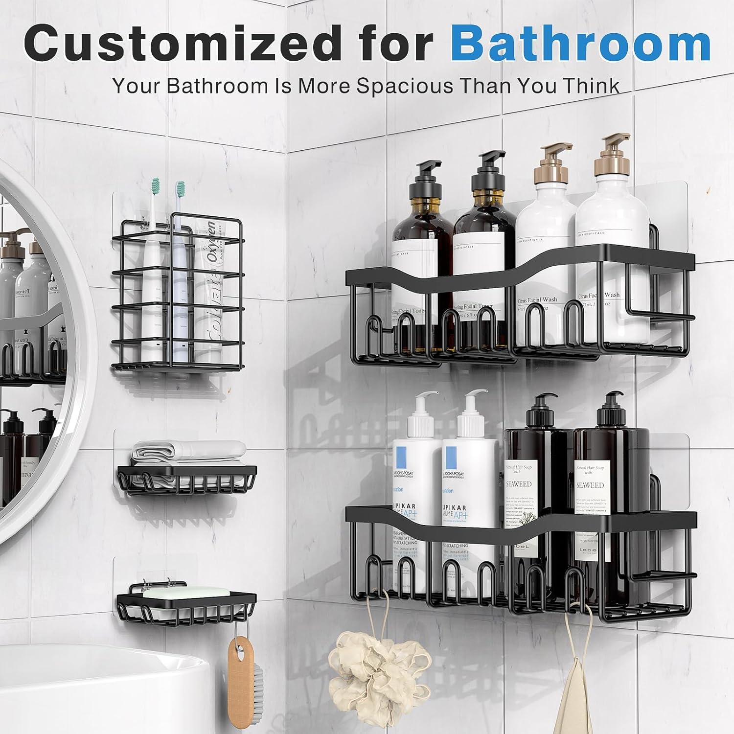 Adhesive Shower Caddy, 5 Pack Rustproof Stainless Steel Bath Organizers With Large Capacity, for Bathroom