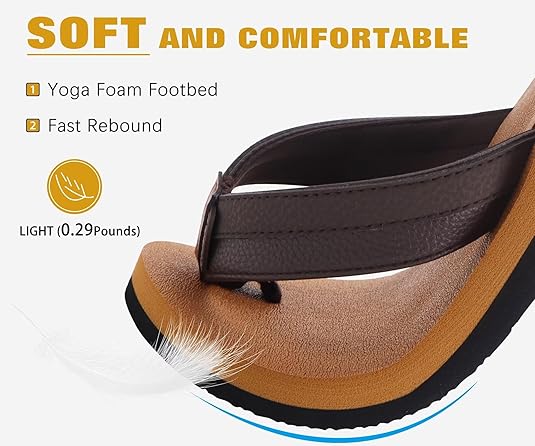 KuaiLu Men's Yoga Mat Leather Flip Flops with Arch Support Comfortable Walking Sandals Slip On Indoor Outdoor