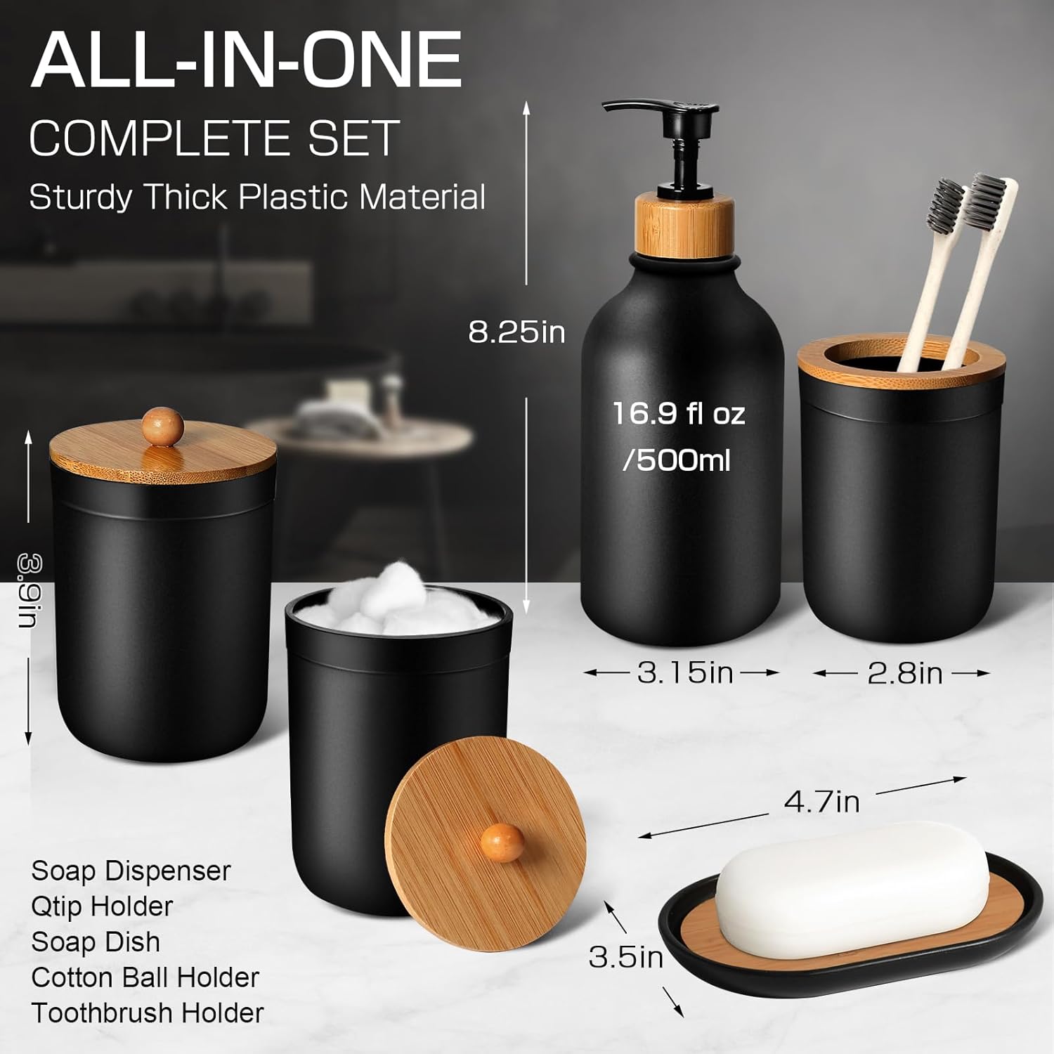Black Bathroom Accessories Set 5 Pcs, Matte Black Bathroom Décor