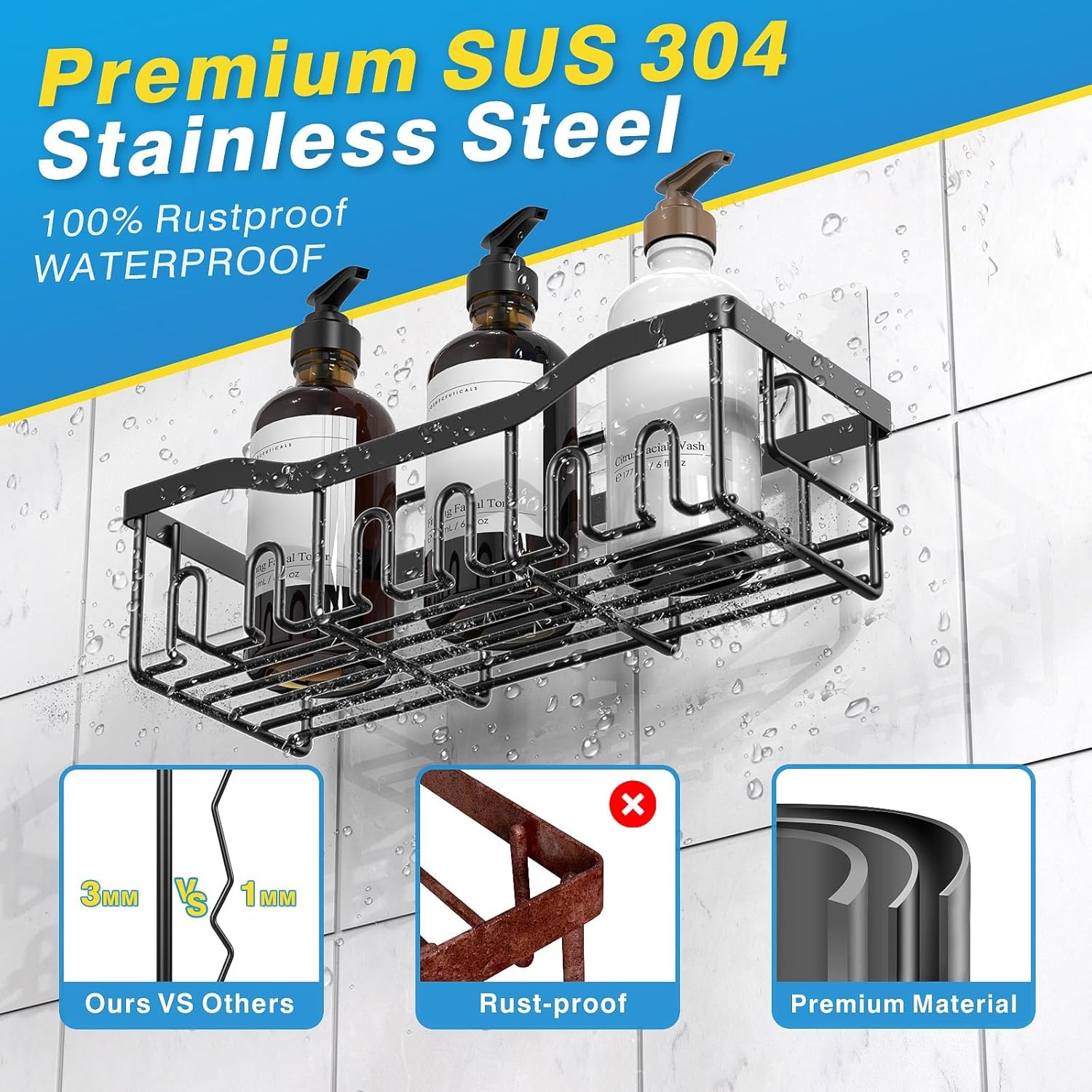 Adhesive Shower Caddy, 5 Pack Rustproof Stainless Steel Bath Organizers With Large Capacity, for Bathroom