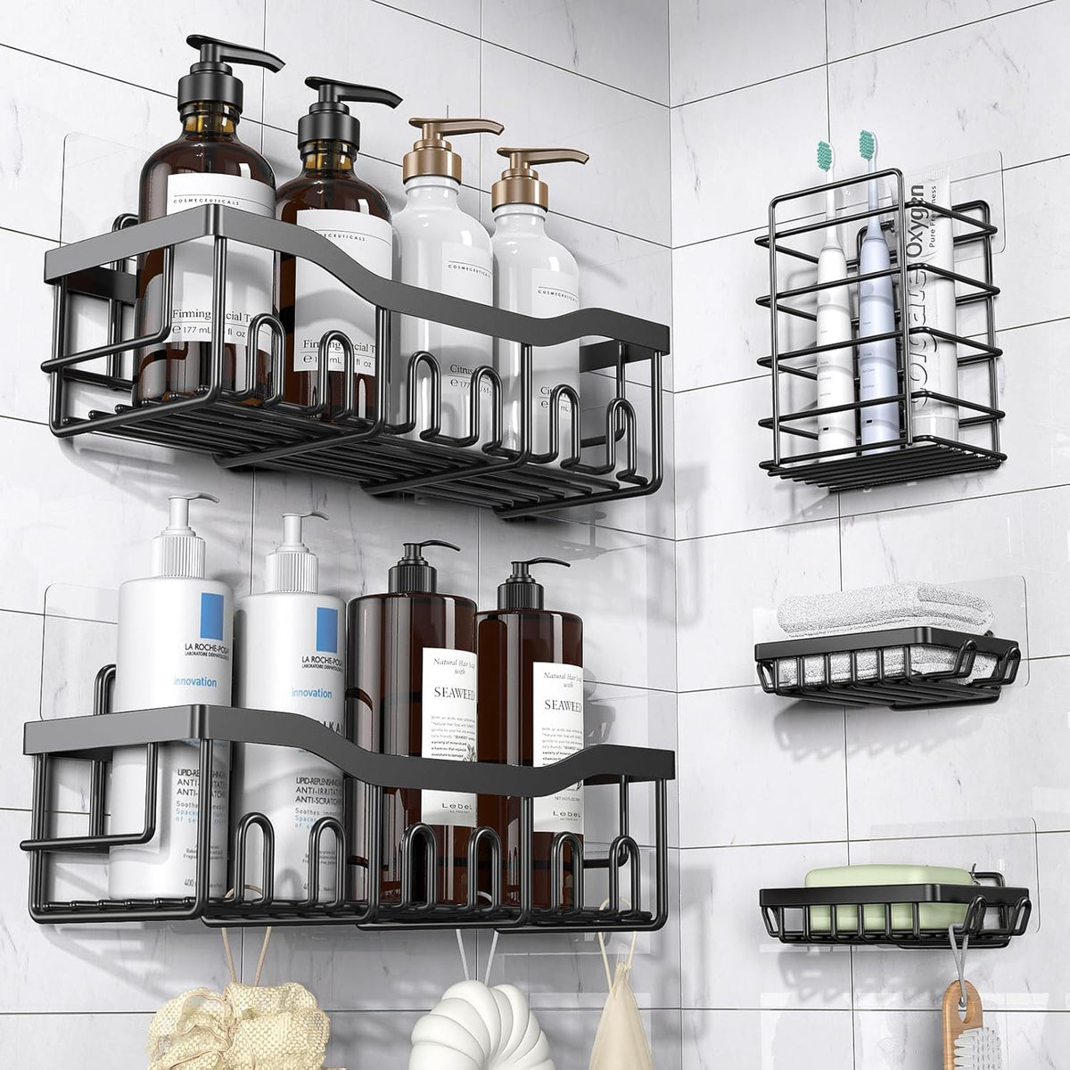 Adhesive Shower Caddy, 5 Pack Rustproof Stainless Steel Bath Organizers With Large Capacity, for Bathroom